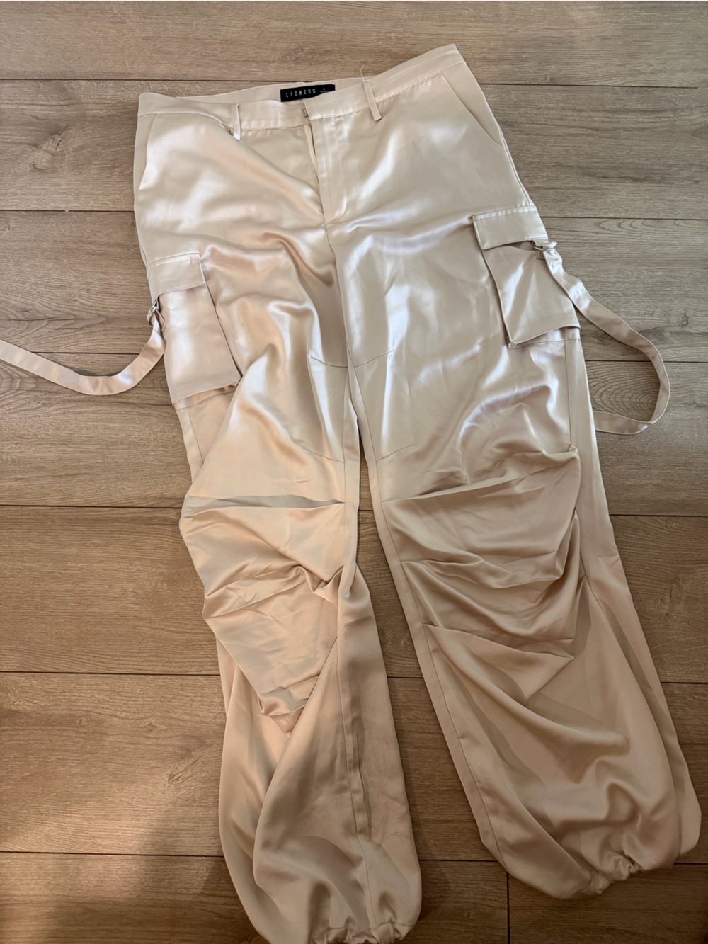 Lioness Cream Satin Wide-Leg Cargo Pants
